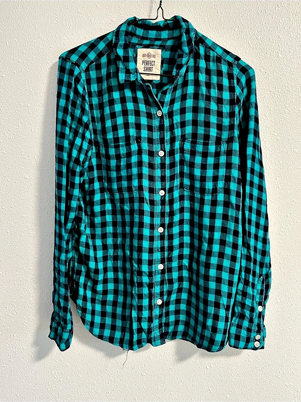 Perfect Shirt Checkered Rayon Button Down in Blue & Black Like New